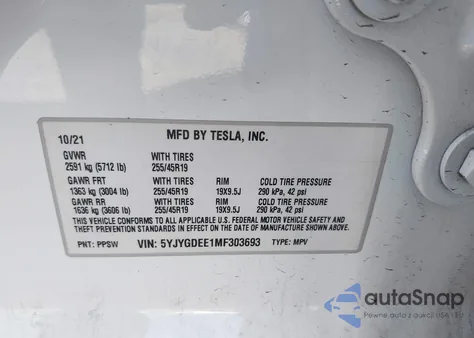 2021 Tesla Model Y Long Range Dual Motor All-Wheel Drive z USA, uszkodzony, nr VIN 5YJYGDEE1MF303693